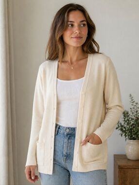 Michael Kors Cream Cardigan Sweater Button Front Pockets Size M Classic Neutral